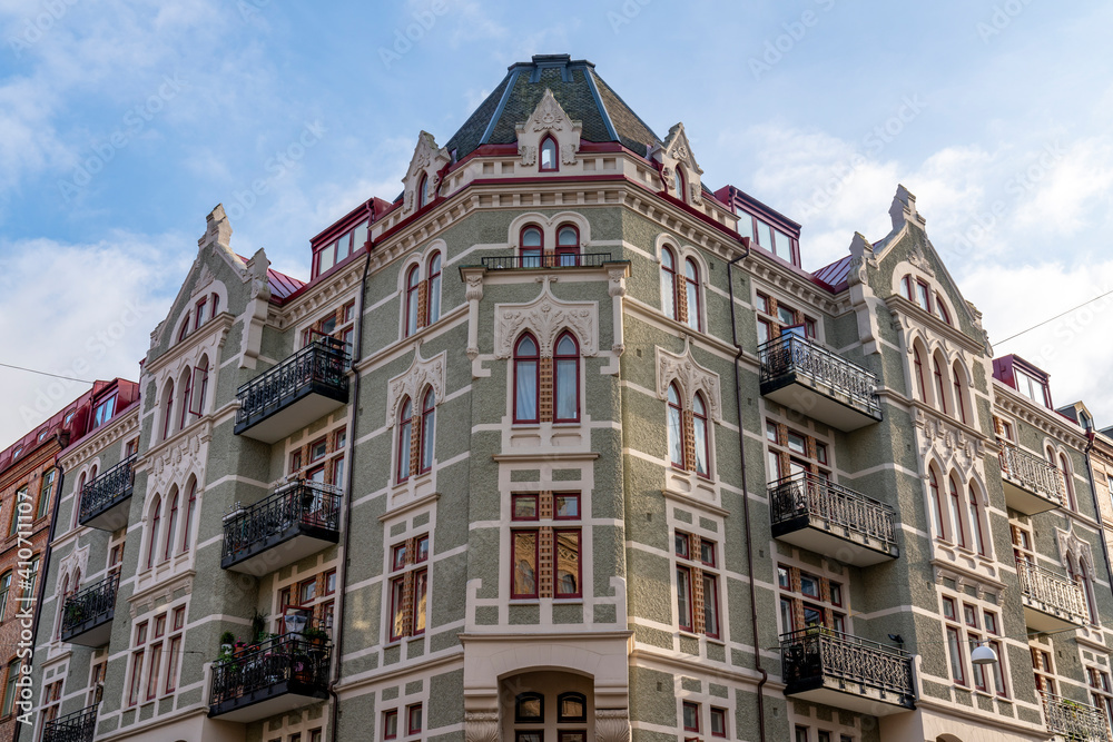 Beautiful luxury Real estate flat building with Detailed facade mix of new and old styles in the city center of Gothenburg, Sweden.
