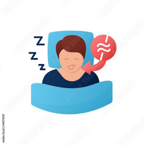Apnea color flat. Sleep disorder. Healthy sleeping concept. Sleep problems treatment. Breathing trouble during sleep. Health care. Color isolated vector illustration 
