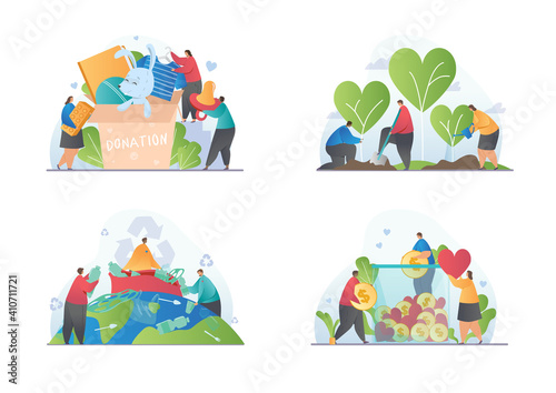 Collection of donation, volunteering, eco volunteering concepts. Flat cartoon vector illustration isolated on white background.