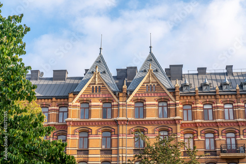 Beautiful luxury Real estate flat building with Detailed facade mix of new and old styles in the city center of Gothenburg, Sweden.