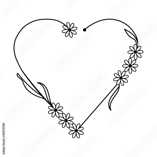 Wedding wreath in the shape of a heart of flowers and leaves. Valentines Day, Mother's Day, Birthday. Place for text. Vector illustration on isolated white background