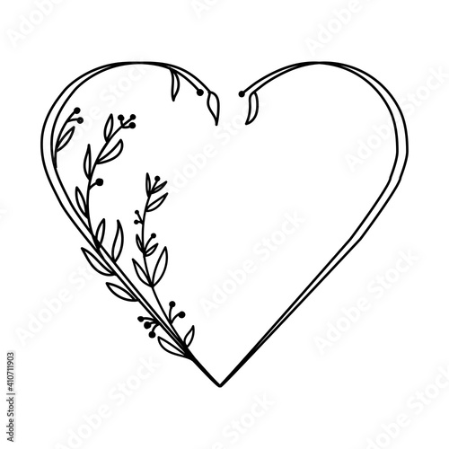 Wedding wreath in the shape of a heart of flowers and leaves. Valentines Day, Mother's Day, Birthday. Place for text. Vector illustration on isolated white background