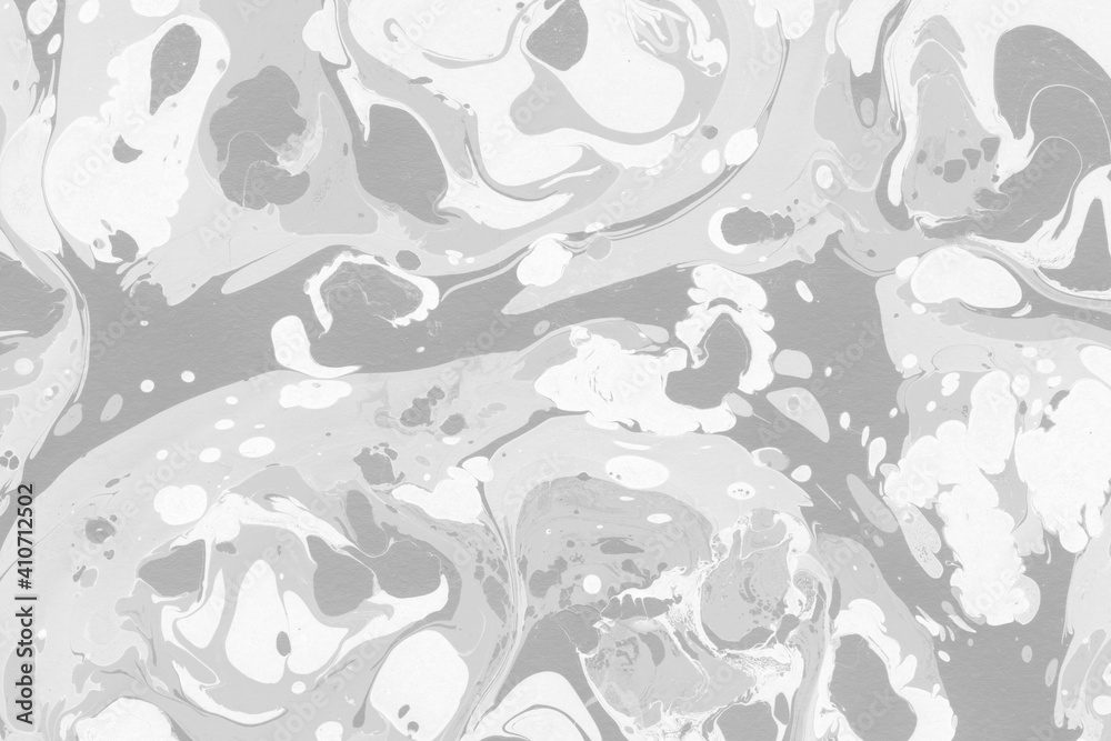 White marble ink texture on watercolor paper background. Marble gray stone image. Bath bomb effect. Psychedelic biomorphic art.
