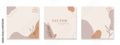 Set of abstract floral backgrounds for instagram posts. Vector trendy minimal templates in boho style with copy space for text