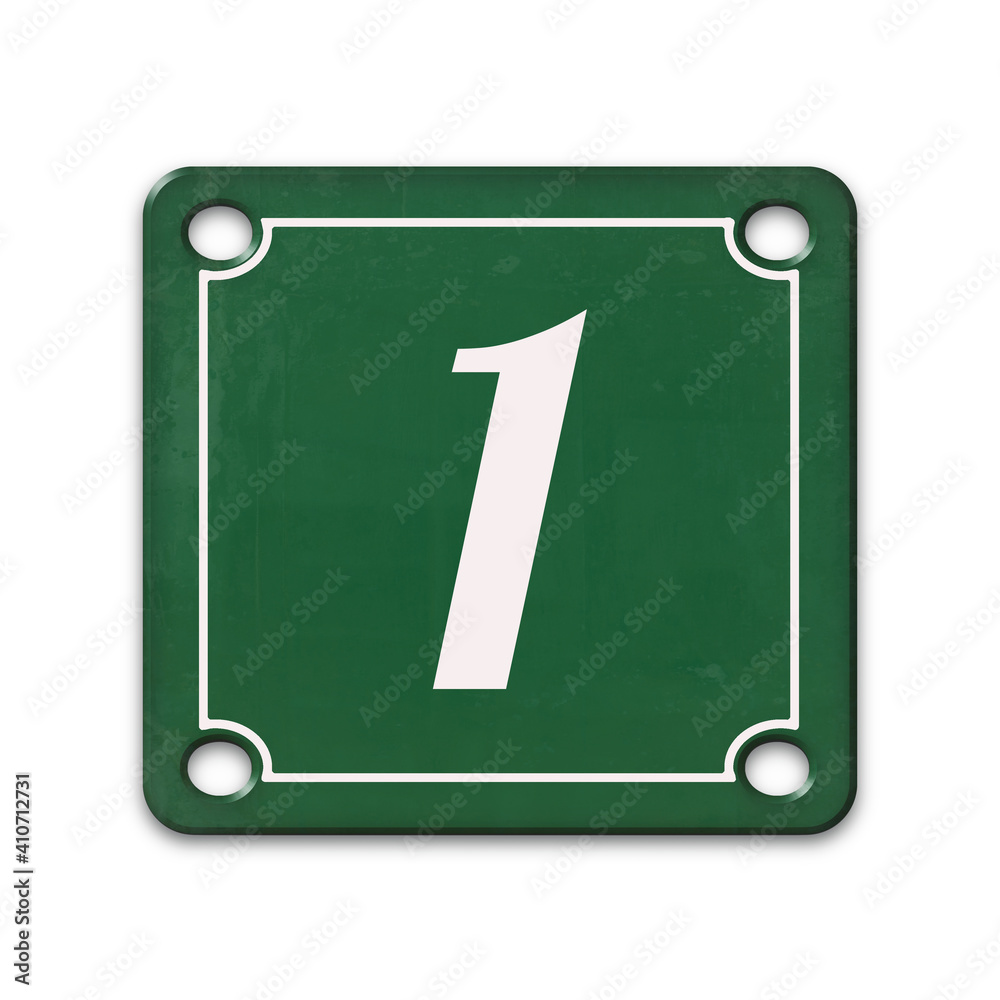 Green 3D house number sign with plastic texture and white number 1