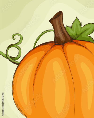 A hand drawn pumpkin and vine, with color fill. Sketch on separate layer, and a softer color version is also included.
