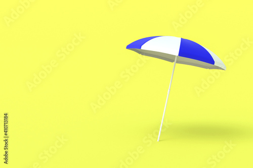 Striped beach umbrella for sun protect on yellow background. Rest on sea, ocean or pool. Equipment for vacation, tourism, holiday in summertime. Copy space. 3d rendering