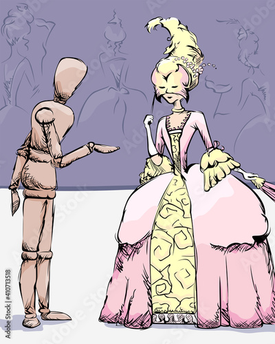 A wooden artist's model asks a woman to dance
