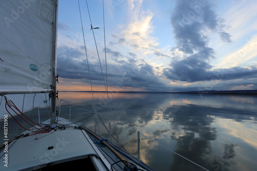 Sailing on Lake Neusiedlersee, beautiful reflection on the water
