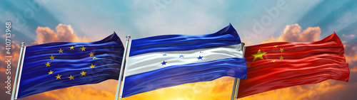 Photography European Union Flag and China flag and Honduras Flag waving with texture sky Clo