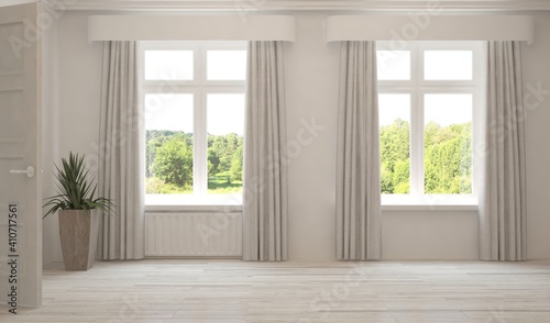 White empty room with summer landscape in window. Scandinavian interior design. 3D illustration
