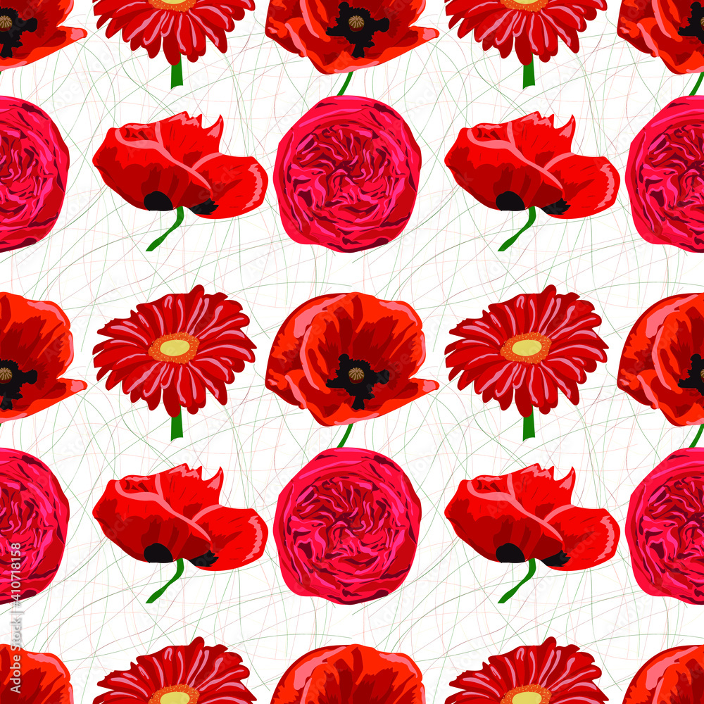 Pattern of red flowers poppies. Beautiful background for design of cards and invitations.