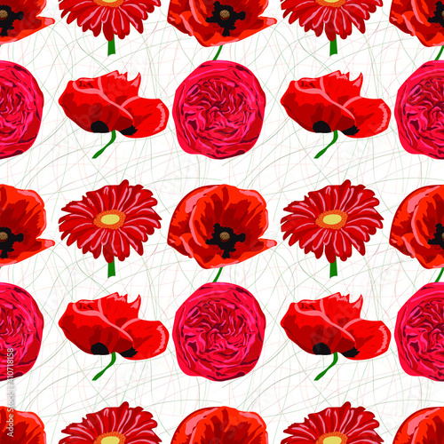 Pattern of red flowers poppies. Beautiful background for design of cards and invitations.