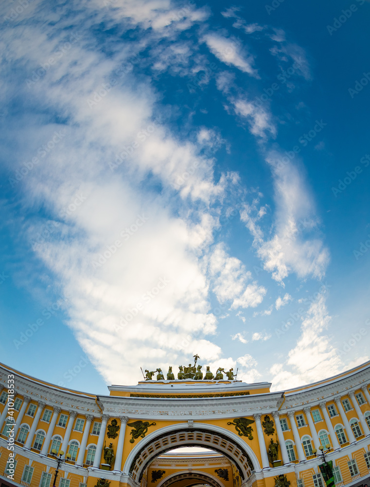 Sights of St. Petersburg. Winter in the city on the Neva in Russia. General Staff building on the Palace Square. The monument Chariot of Glory over the arch of the General Staff