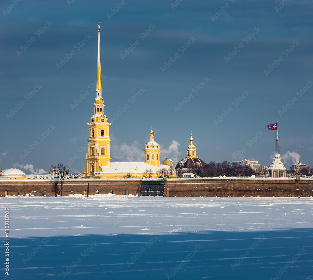 Peter and Paul Fortress on Zayachy island. Sights of St. Petersburg. Winter in the city on the Neva in Russia