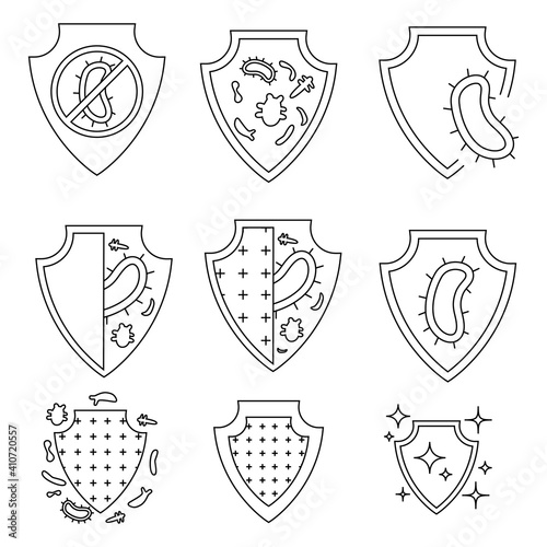 Immune system concept. Hygienic medical black shield protecting from coronavirus. Badges for material with antimicrobial and antiviral protection. Antibacterial resistance icons. Vector