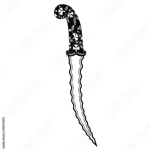 Vintage oriental dagger or knife with wavy edged blade. Indian kris. Black and white silhouette. Cold steel arms weapon.