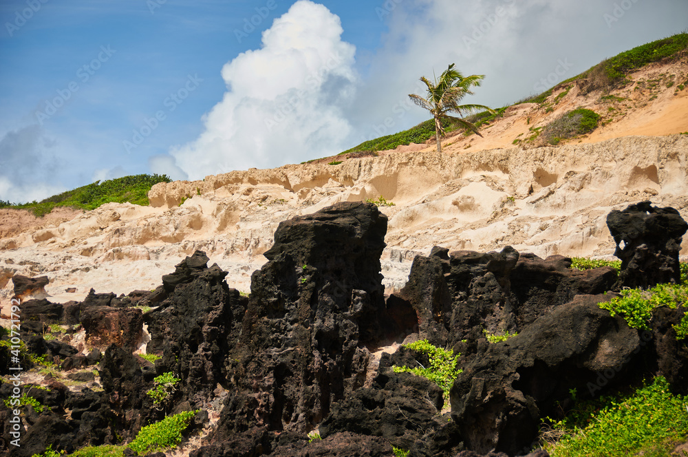 Sand mountain with green plants and volcanic stones with a blue sky with clouds Sand mountain with green plants and volcanic stones with a blue sky with clouds