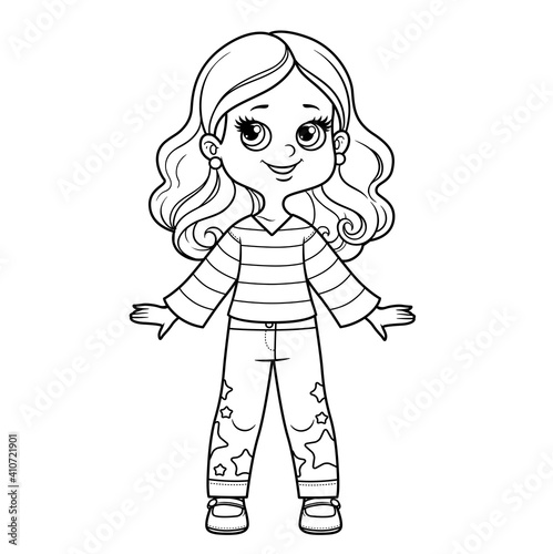 Cute baby girl dressed in striped pullover and pants with star applique outline for coloring on a white background