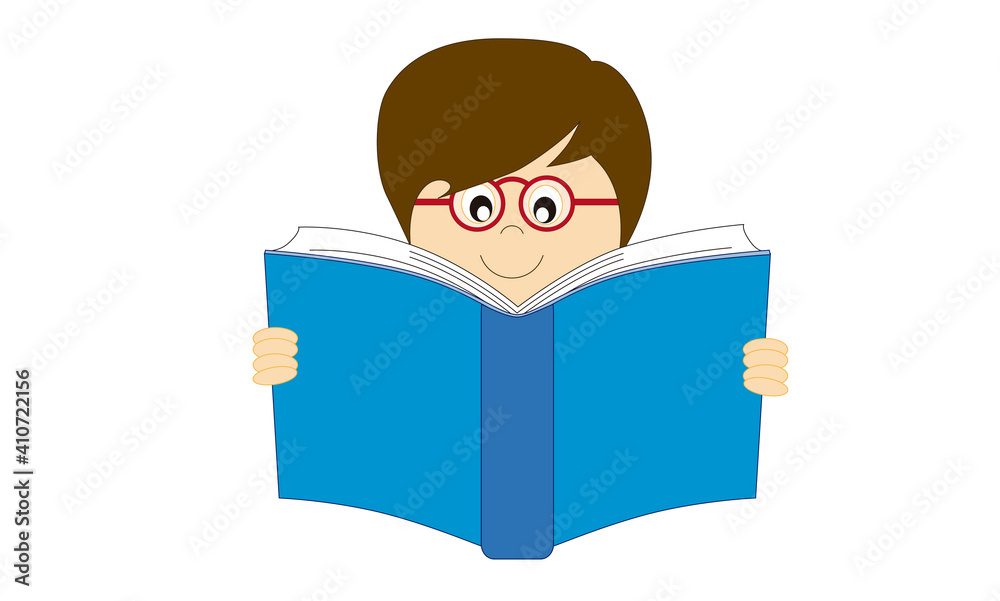 Cartoon illustration of happy boy reading Cartoon illustration of happy boy reading