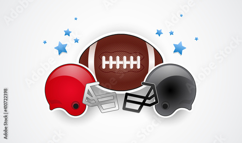 Football helmets and football ball - American football opponent teams helmets in red and gray colors, patriotic stars - USA national championship vector illustration isolated on white