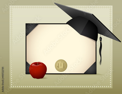 A blank graduates diploma and gold seal, with a grad cap and an apple.
