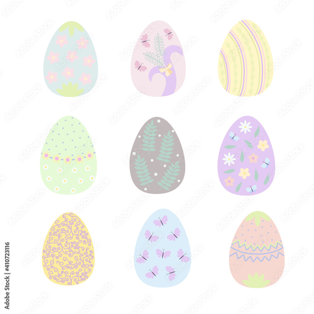 Easter holiday symbol colorful decorated eggs set in pastel tones, flat style vector illustration for spring festive time decor, greeting cards, invitations, banners, web design