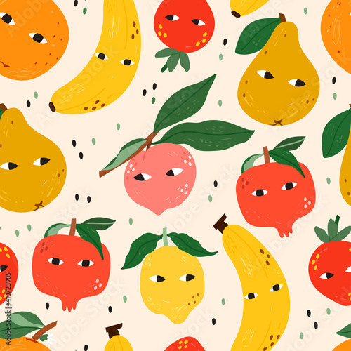 Various Fruits and Vegetable with eyes. Cute funny characters. Cartoon style. Hand drawn colored Vector illustration. Seamless Pattern. Square wallpaper. Trendy Background