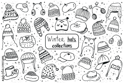 Big winter hats collection. Hand drawn hats for winter isolated on a white background. Vector illustration