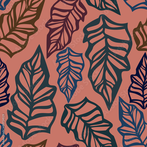 Abstract elegant seamless pattern of lined botanical floral motifs leaves in brown tones