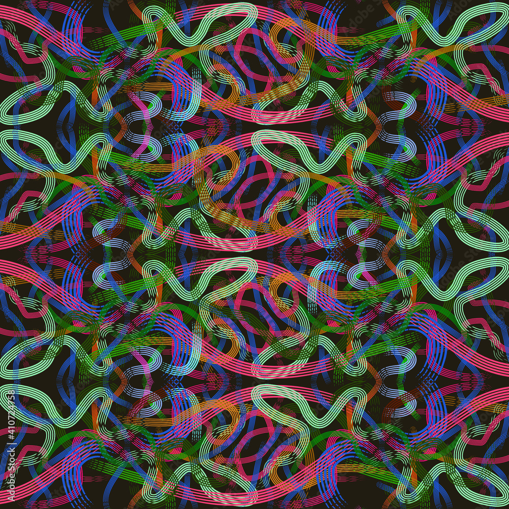 Seamless pattern of many colored ribbons on a dark background for textile.