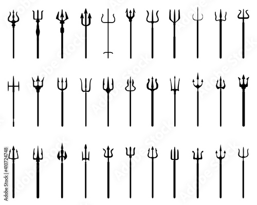 SVG Set of black silhouettes of trident on a white background