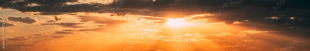 Sunshine In Sunrise Bright Dramatic Sky. Scenic Colorful Sky At Dawn. Sunset Sky Natural Abstract Background. Panorama Panoramic View
