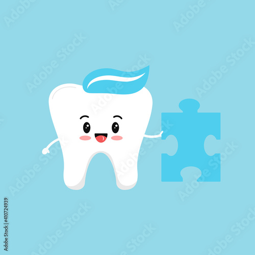 Cute tooth with puzzle piece. Flat design cartoon kawaii style strong smiling character vector illustration. Happy tooth holds puzzle part. Children teeth hygiene and education or challenge concept.