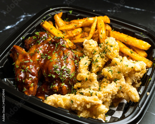 wings, strips and fries