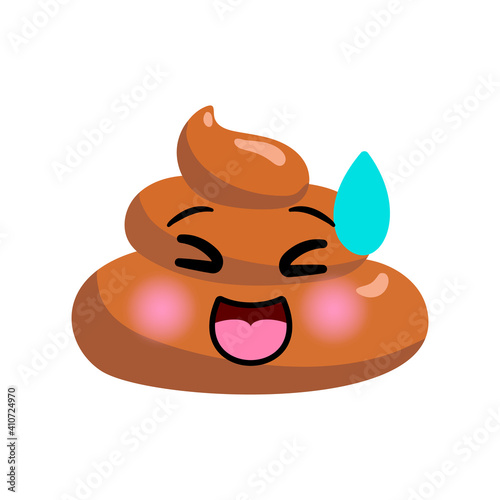 Shit or turd emoji vector icon with uncomfortable shying laughing smile on a face, isolated illustration in flat cartoon and kawaii style with sweat drop