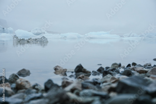Lake with ice and fog. Jokulsarlon Glacial Lake