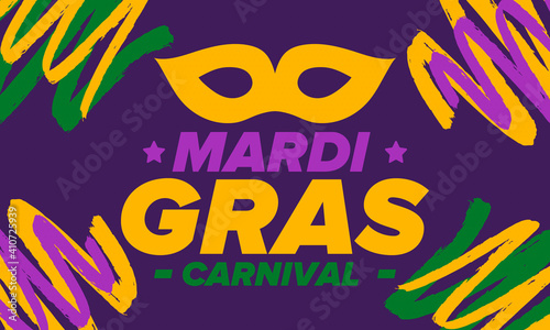 Mardi Gras Carnival in New Orleans. Fat Tuesday. Traditional holiday  celebration annual. Folk festival  costume masquerade  fun party. Carnival mask. Poster  card  banner and background. Vector