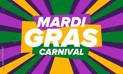 Mardi Gras Carnival in New Orleans. Fat Tuesday. Traditional holiday, celebration annual. Folk festival, costume masquerade, fun party. Carnival mask. Poster, card, banner and background. Vector