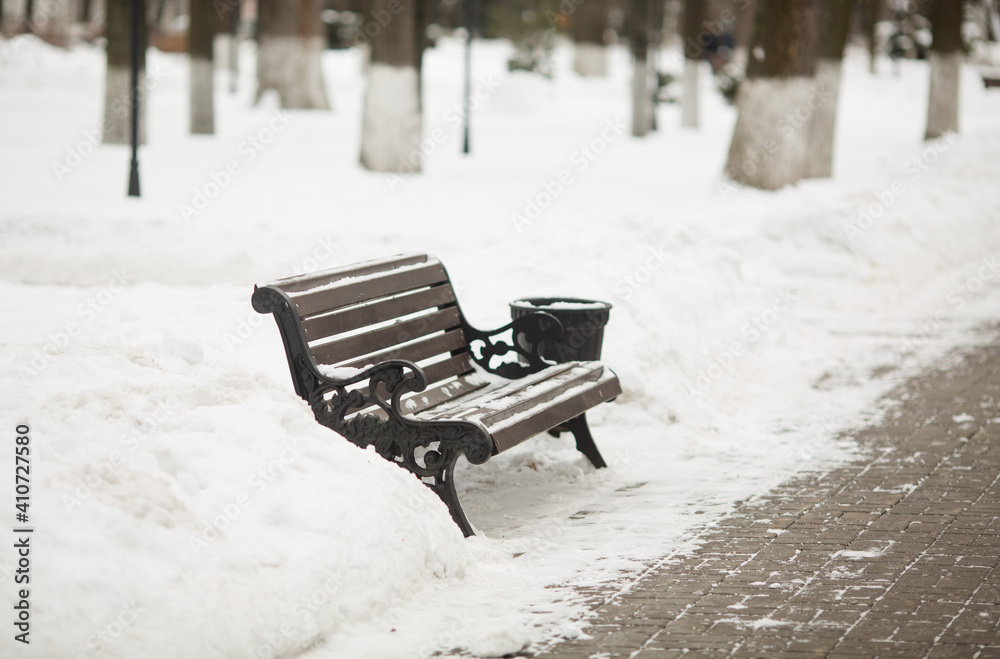 Bench in the winter in the park. 