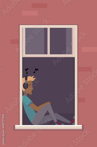Window with people. Apartment building with people in open window spaces. Outer wall of house with man listen music. Human life concept. Block of flat house friendship concept