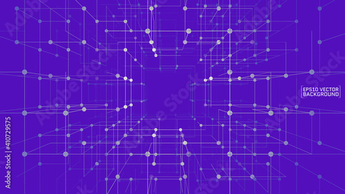 Vector abstract background with cube cell. Modern technology illustration with square mesh and rounds dots