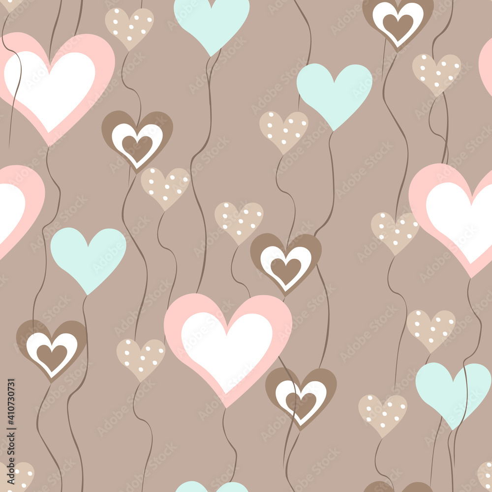 Vector seamless pattern with hand drawn hearts, balloons. Valentines day background in pastel colors, beige, brown, pink, blue, white. Love theme. Doodle style illustration. Cute repeatable design