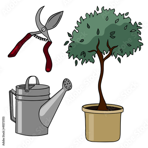 Pruner, watering can and sapling in a pot. Farming and gardening concept. Isolated items on a white background. Vector