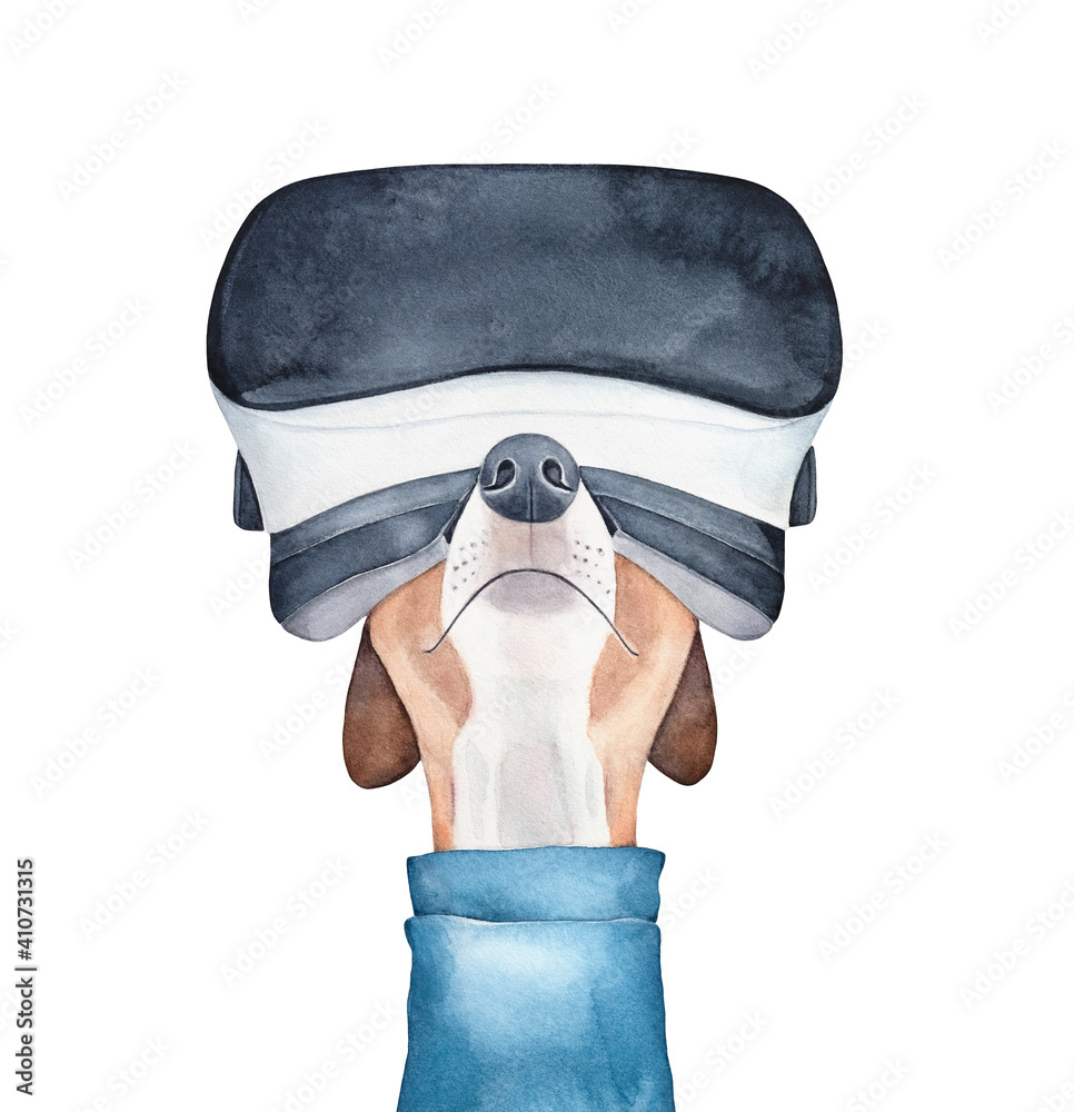 Water color illustration of cute happy dog trying virtual reality headset.  Hand painted watercolour sketchy drawing, cut out clip art element for  creative design, poster, fun card, party invitation. Illustration Stock