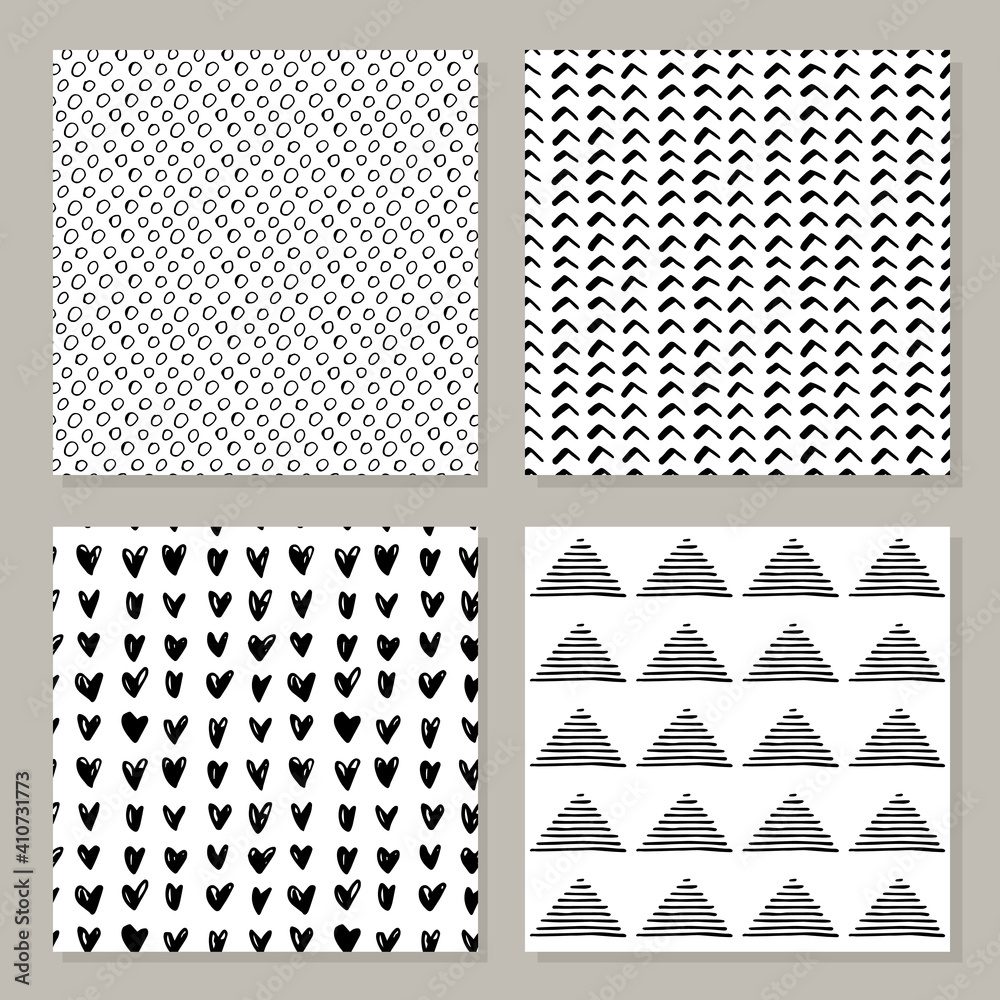 Set of hand-drawn seamless black and white patterns. Vector simple modern grunge repeat backgrounds.