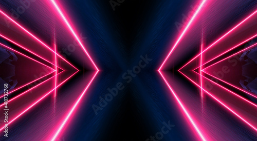 Dark abstract futuristic background. Neon lines, glow. Neon lines, shapes. Pink and blue glow