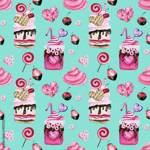 Bright neon pink desserts on contrast emerald green background. Watercolor milkshake  marshmallows  candies and fruits on seamless pattern