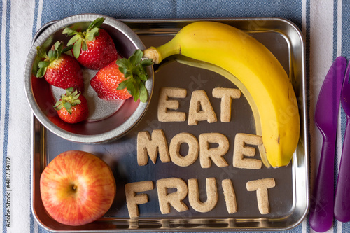 Fruit Snack Tray with Strawberries, Apples, Bananas with Cookies spelling 