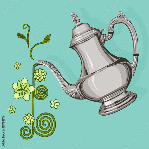 A vector silver vintage teapot pouring a floral design
